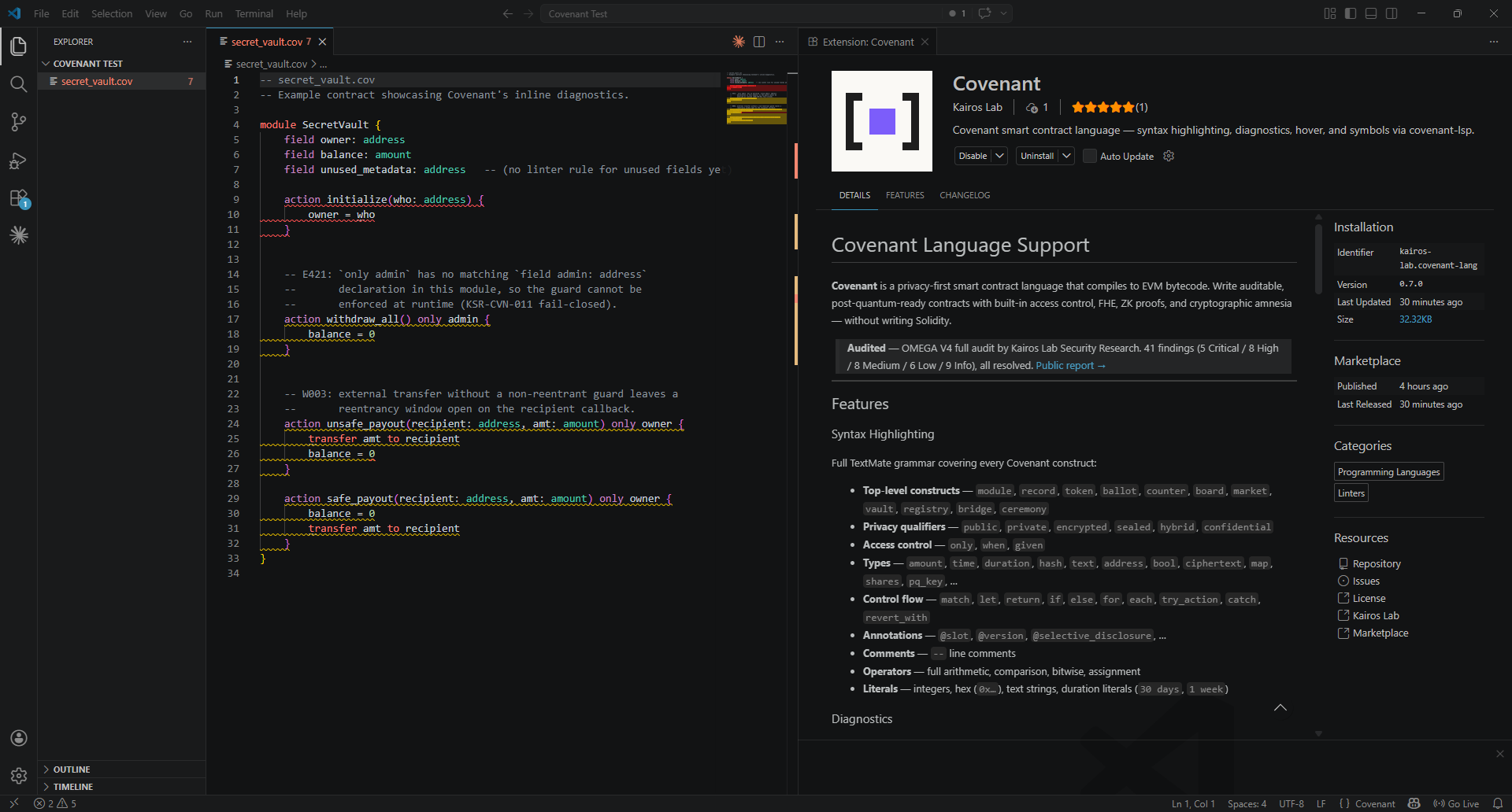 Covenant Language Support in VS Code — inline diagnostics, type inference, and security warnings on secret_vault.cov